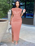 Women Dress Pleated Long Elegant Slit High Collar Maxi Gowns Party