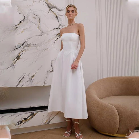 Simple Strapless Tea Length Satin A Line Wedding Dress Custom Made Bridal Gown