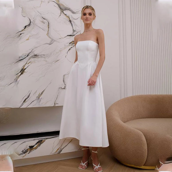 Simple Strapless Tea Length Satin A Line Wedding Dress Custom Made Bridal Gown