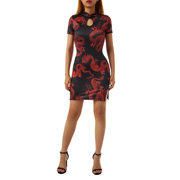 Frog Button Mock-Neck Dragon Cheongsam Style Dress