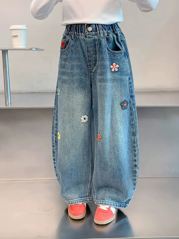 Floral Jeans For Girls Wide Leg Denim Trousers With Elastic Waist Casual Everyday Kids Jeans