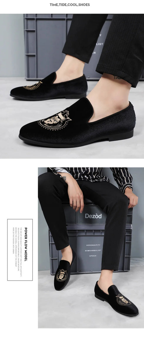 Luxury Pointed Toe Velvet Loafers for Men - Elegant Casual and Formal Dress Footwear with Embroidery Details for Weddings and Special Occasions