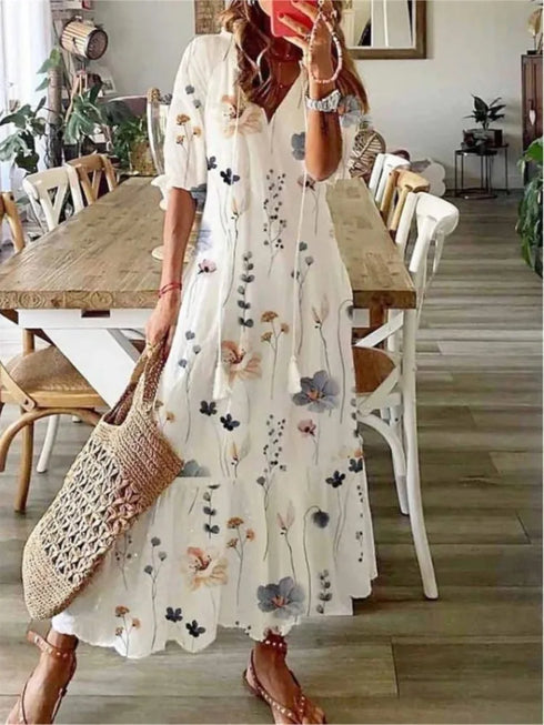 Floral Print Casual Dress for Women V Neck Half Sleeves Bohemian Holiday Beach Style