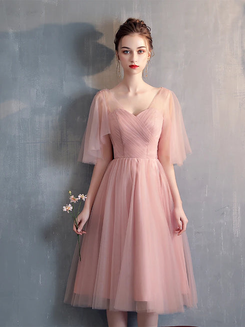 Bridesmaid Dress Tea-Length Tulle With Built-In Bra, V-Neck Pleated Design For Prom And Wedding Dress