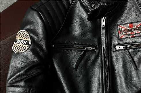 Vintage Genuine Leather Biker Jacket for Men – Slim Fit Cowhide Motorcycle Outerwear with Pockets and Embroidery Details for All Seasons