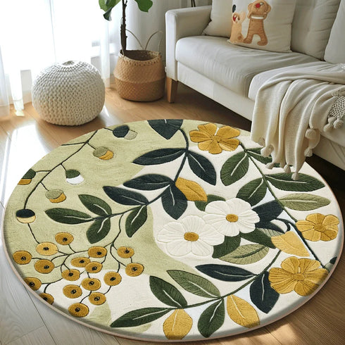 Plant Pattern Round Carpet Plush Lounge Rug for Living Room and Bedroom