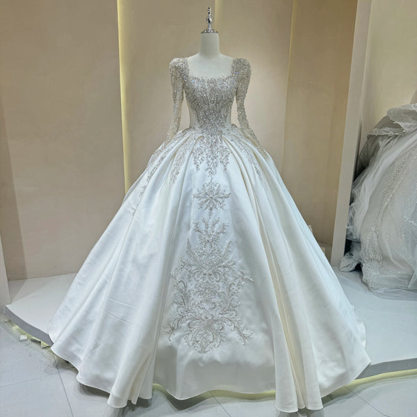 Luxurious Bridal Gown with Sparkling Embellishments Lace Embroidery and Long Train Wedding Dress
