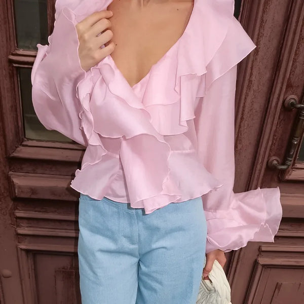Summer Ruffle V Neck Long Sleeve Tops Casual Party Tees for Women