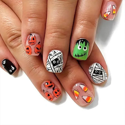 24pcs Halloween-Themed Short Square Press-On Nails with Fun Ghost, Bat, and Spider Web Designs - Perfect Fake Nail Set for Women and Girls