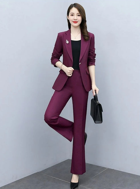 Elegant Women's Blazer and Wide Leg Trouser Suit Set - Classy Two Piece Outfit with Flare Pants for Office and Formal Occasions