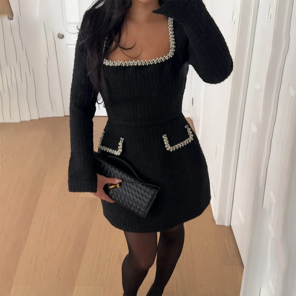 Elegant Women's Long Sleeve Tweed Dress Square Neck Luxury Party Evening Gown Retro Slim Fit