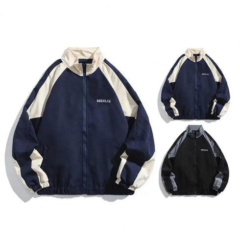 Men's Stand Collar Long Sleeve Windbreaker Jacket - Casual Spring Sports Outerwear with Color Block Design and Front Pockets