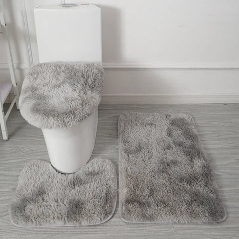 3 Piece Solid Color Bathroom Carpet Set Non-Slip Toilet Lid Cover Rugs Kit