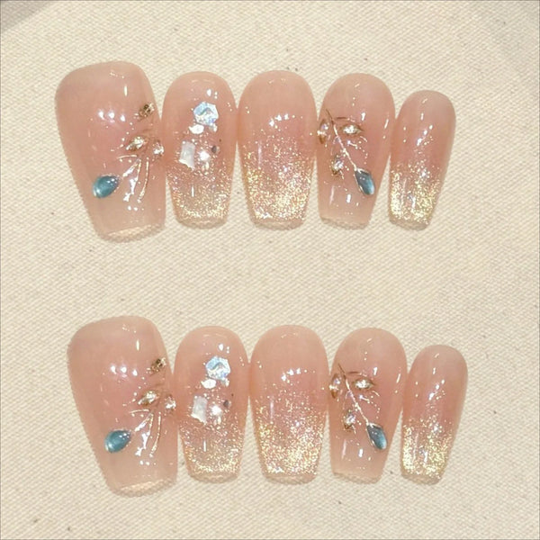 Gorgeous 10-Piece Autumn-Inspired Handmade Press-On Nails with Shiny Cat Eye Broken Diamond Design for Stunning French Ballet Almond Style – Perfect for DIY Beauty Lovers!