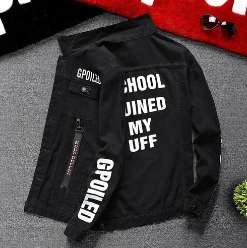 Men's Slim Fit Ripped Denim Jacket with Print for Hip Hop Style - Trendy Outerwear for Dance and Casual Wear