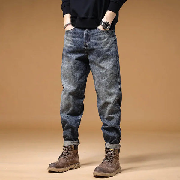 Jeans for Men Straight Cowboy Pants with Pockets Stylish Vintage Trousers