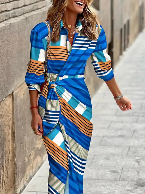 Fashion Printed Midi Dress for Women with Turn-Down Collar and Lace-Up Detail