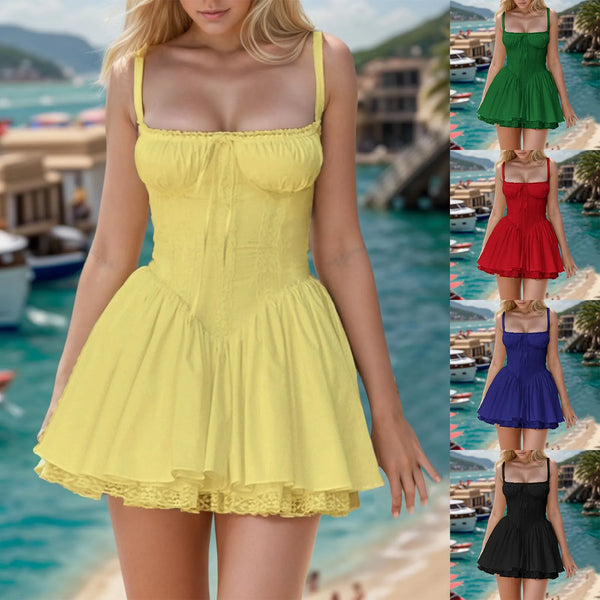 Women'S French Bow Dress Spaghetti Strap Cake Skirt For Summer Beach