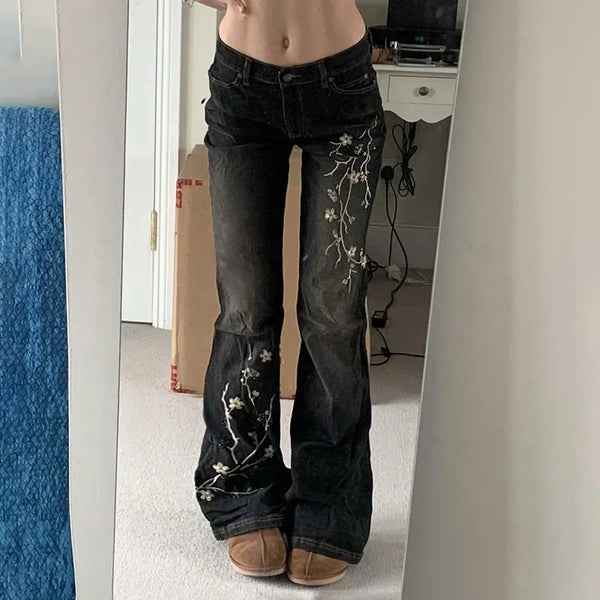 Floral Embroidery Vintage Low Rise Flared Jeans Women