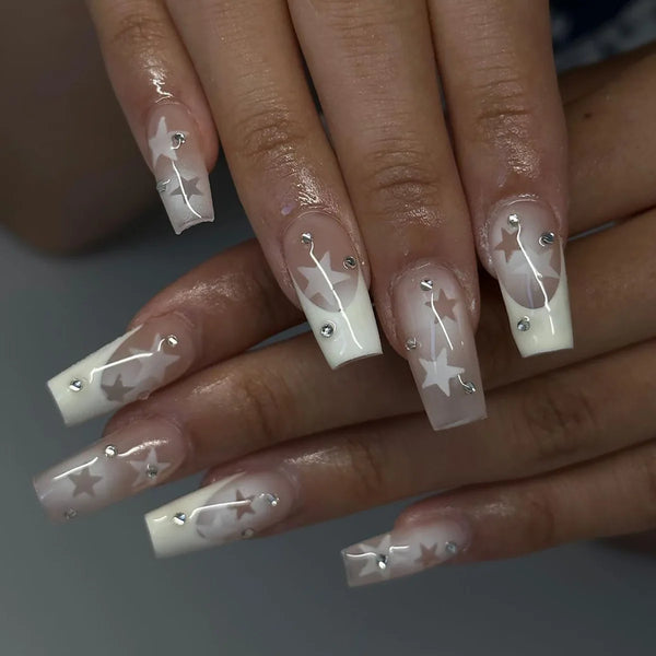 Glamorous Shiny Rhinestone French Nail Art - Stylish Simple False Nails with Detachable Press-On Design for Daily Wear, Parties, and Vacations - 24 Piece Set with Glue