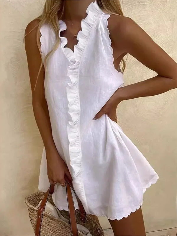 Women Casual Cotton And Linen V Neck Ruffled Sleeveless Elegant Boho Beach Mini Dress