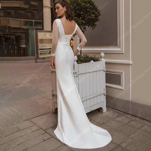 Elegant Long Sleeve Satin Mermaid Wedding Dress Floor Length Bridal Gown