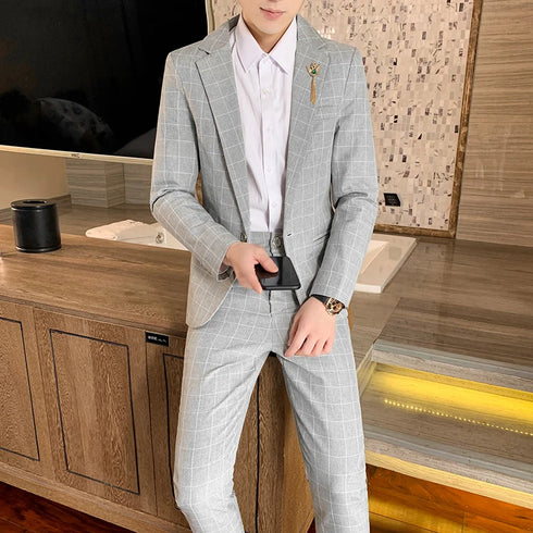 Autumn Men's Slim Fit Checkered Two-Piece Suit Korean Style Fashion Set