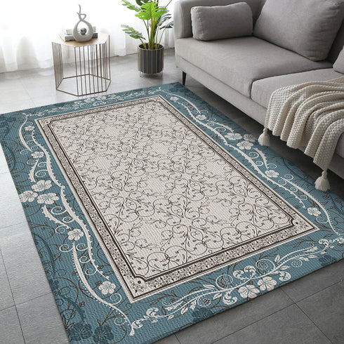 Classical Elegant Blue Rug for Retro Living Room and Bedroom Carpet Decoration