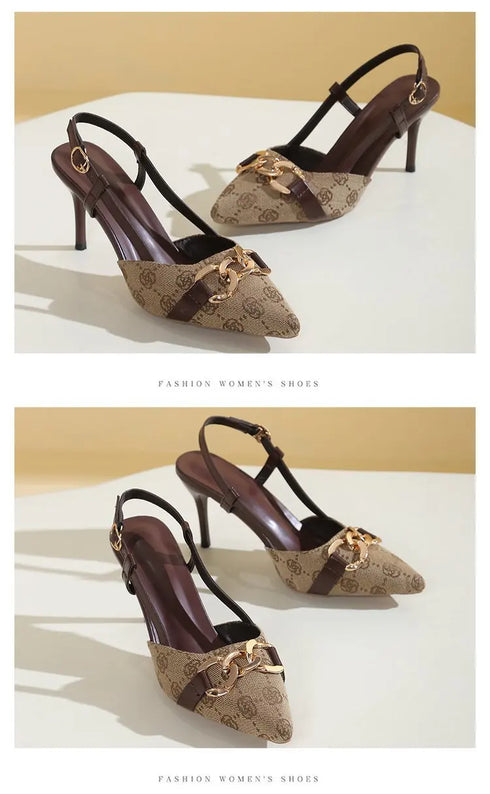 Women Pointed Toe Metal Buckle High Heel Anti Slip Sandals