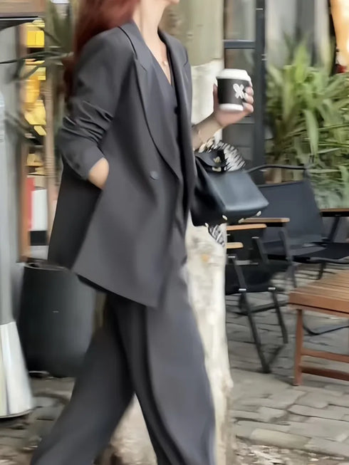 Elegant 3-Piece Korean Business Suit for Women: Stylish Blazer, Sleeveless Vest, and Wide Leg Pants Set for Office and Casual Wear