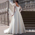 Modest Lace Appliqued A-line Satin Wedding Dress V Neck Sheer Back Long Sleeve For Women