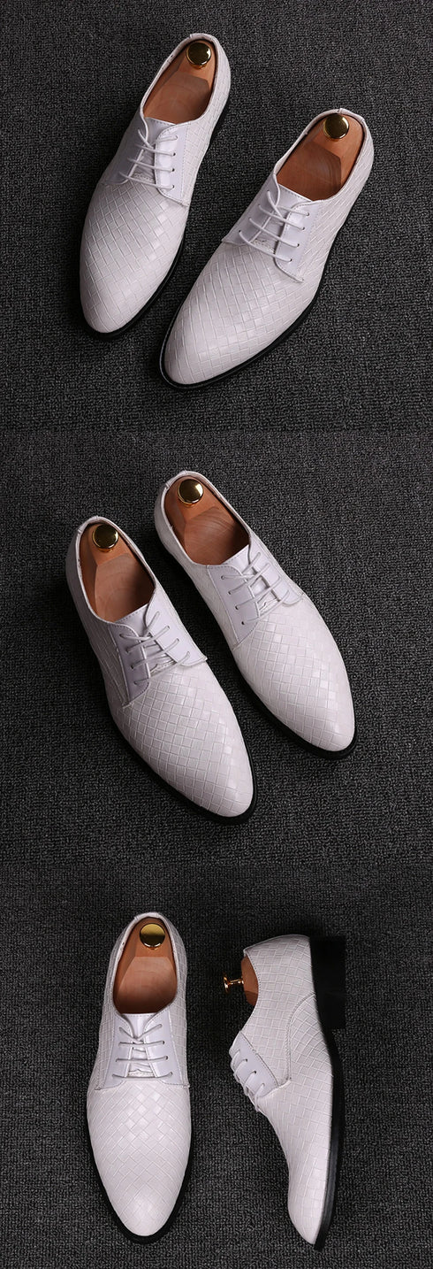 Elegant Plaid Pointed Toe Lace-Up Men's Leather Oxfords - Stylish Casual Business Dress Shoes for Formal Occasions