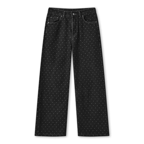 Baggy Dot Print Jeans For Women, Casual Wide Leg Denim Pants With Pockets, Low Rise Comfort Fit