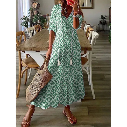 Floral Print Casual Dress for Women V Neck Half Sleeves Bohemian Holiday Beach Style