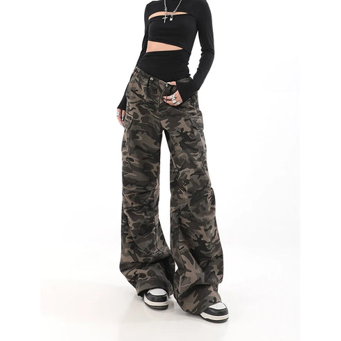Casual Wide Leg Pants for Women - Y2K Hip-Hop Cargo Overalls with Camouflage Design, Perfect for Fall Outfits and Grunge Style Inspiration