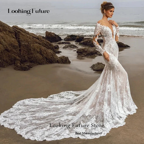 Customized Mermaid Long Sleeve Wedding Dress with Lace Appliques and Deep V-Neck Design