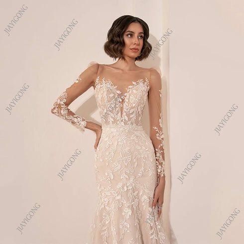 Wedding Dress Bridal Gown Mermaid Lace Illusion Long Sleeves Back Zipper Button Detail