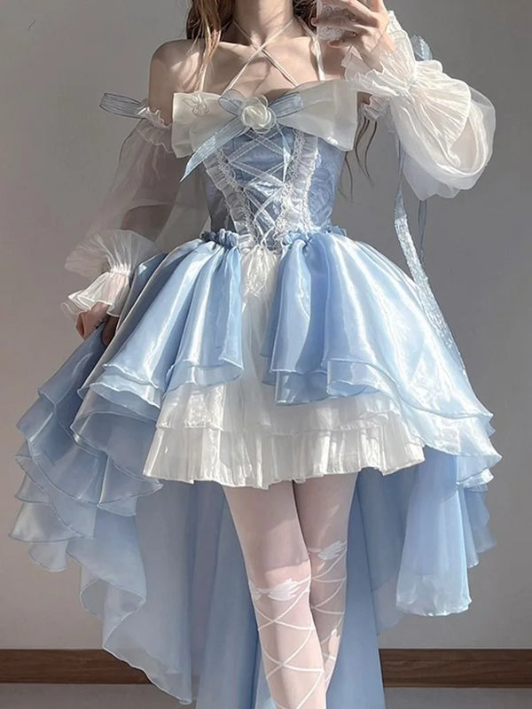 French Romantic Lolita Elegant Dress Irregular Cosplay Princess Puff Sleeve Bowknot Flower Mesh Fairy Dress