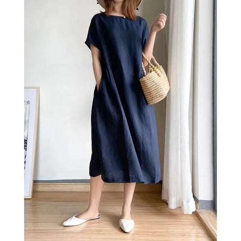 Loose Fit Slimming Cotton Linen Dress for Women Summer Plus Size Mid-Length Skirt