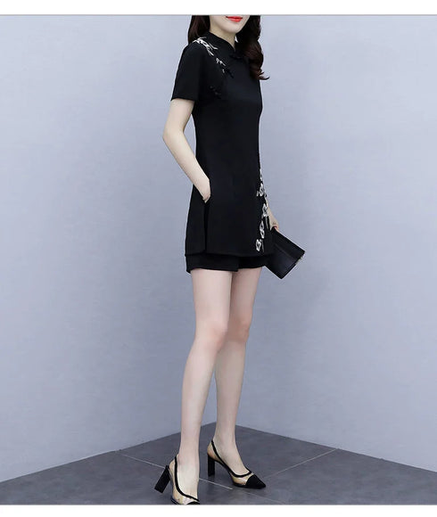 Women's Suit Chinese Style Outfits Matching Crop Top Shorts Two Piece Sets Summer Retro Cheongsam Lady Clothes