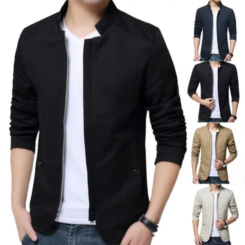 Autumn Men's Casual Slim Fit Stand Collar Zipper Blazer Jacket