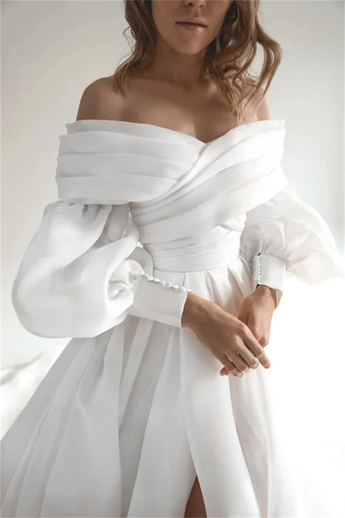 Elegant Off The Shoulder Pleat Sweetheart Wedding Dresses with Long Puff Sleeves and Side Slit