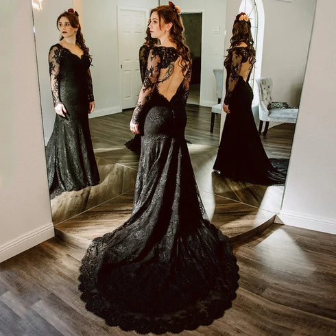 Customized Tulle Appliques Lace Wedding Dress V-Neck Long Sleeves Bridal Gown