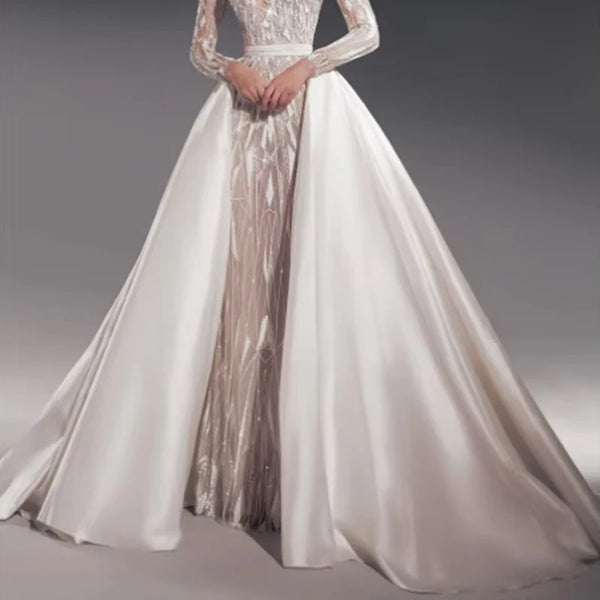 Detachable Satin Overskirt With Bow Train For Wedding Dress, Elegant Ceremony And Reception Accessory