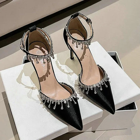 Comemore White Wedding Bridesmaid Satin Pumps with Rhinestones