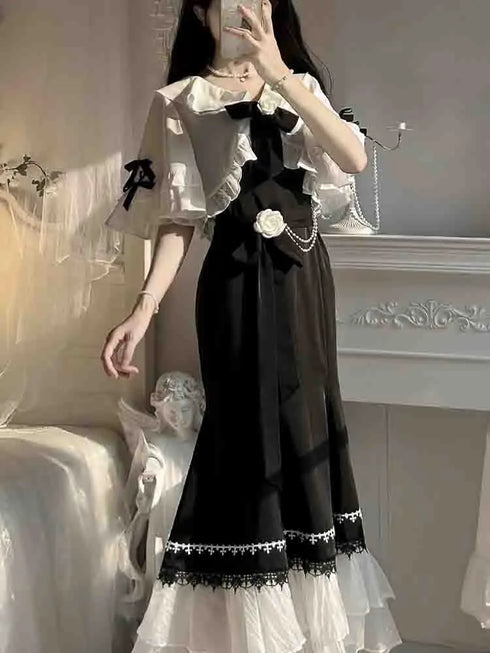French Vintage Fairy Mermaid Dress Women Lace Midi Dress