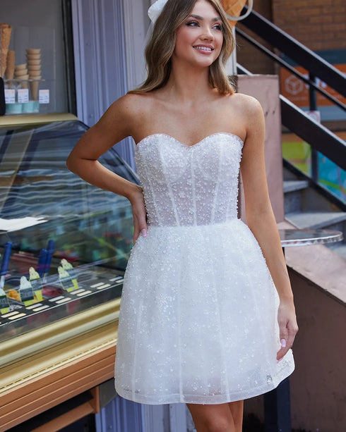 Sweetheart Beaded Sequins Elegant Wedding Dresses for Bride A-line Mini Gown with Sleeve