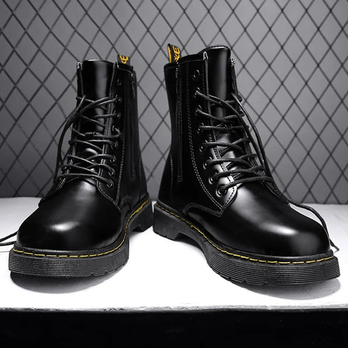 Men's Classic Leather Biker Boots - Trendy Waterproof Ankle Footwear for Autumn & Winter
