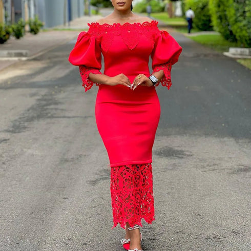 Trend Fashion Lace Midi Dress Women Off-Neck Bodycon Style