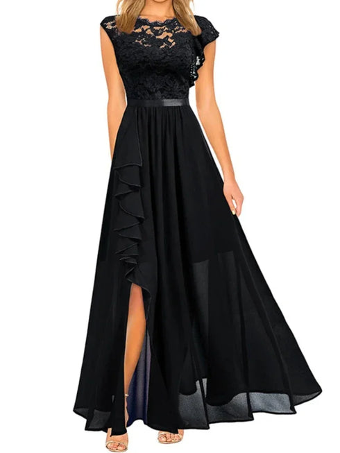 Harajuku Vintage Elegant Long Maxi Dress Stylish Party Wedding Dress with Spliced Lace Chiffon